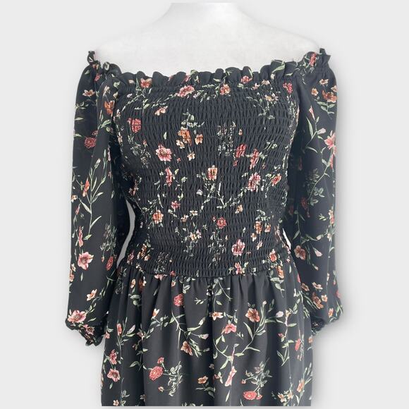 Everly Off Shoulder Dark Floral Balloon Sleeve Smocked Bodice Mini Dress Size L - Picture 1 of 12